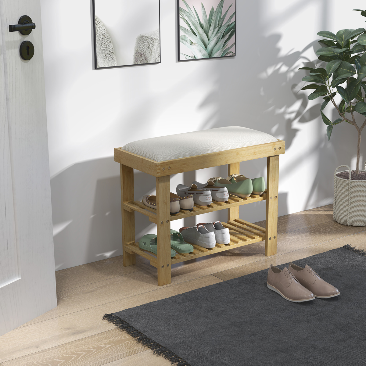 HOMCOM Bamboo Shoe Storage Bench with Cushioned Seat