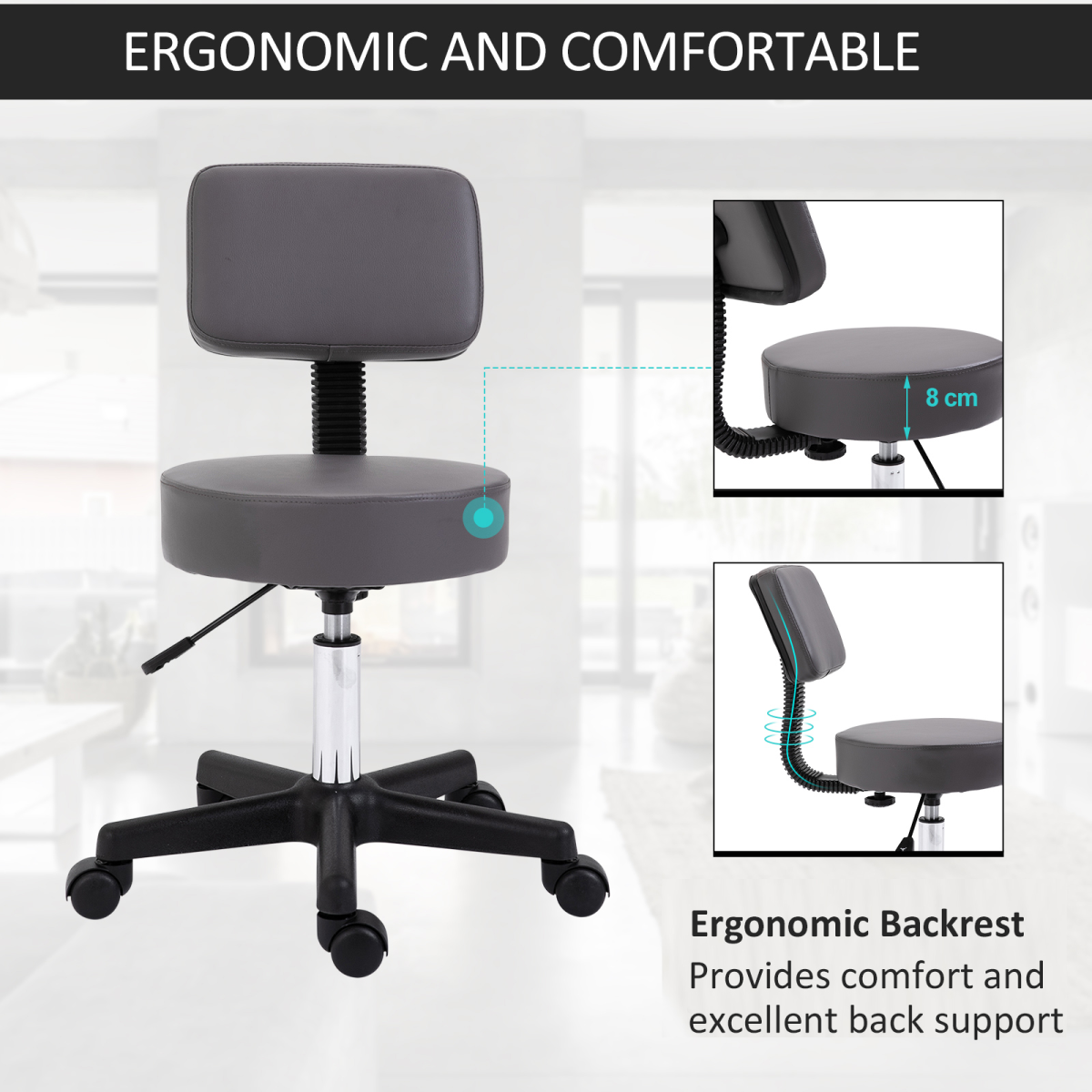 HOMCOM Adjustable Salon Stool with Backrest and Wheels