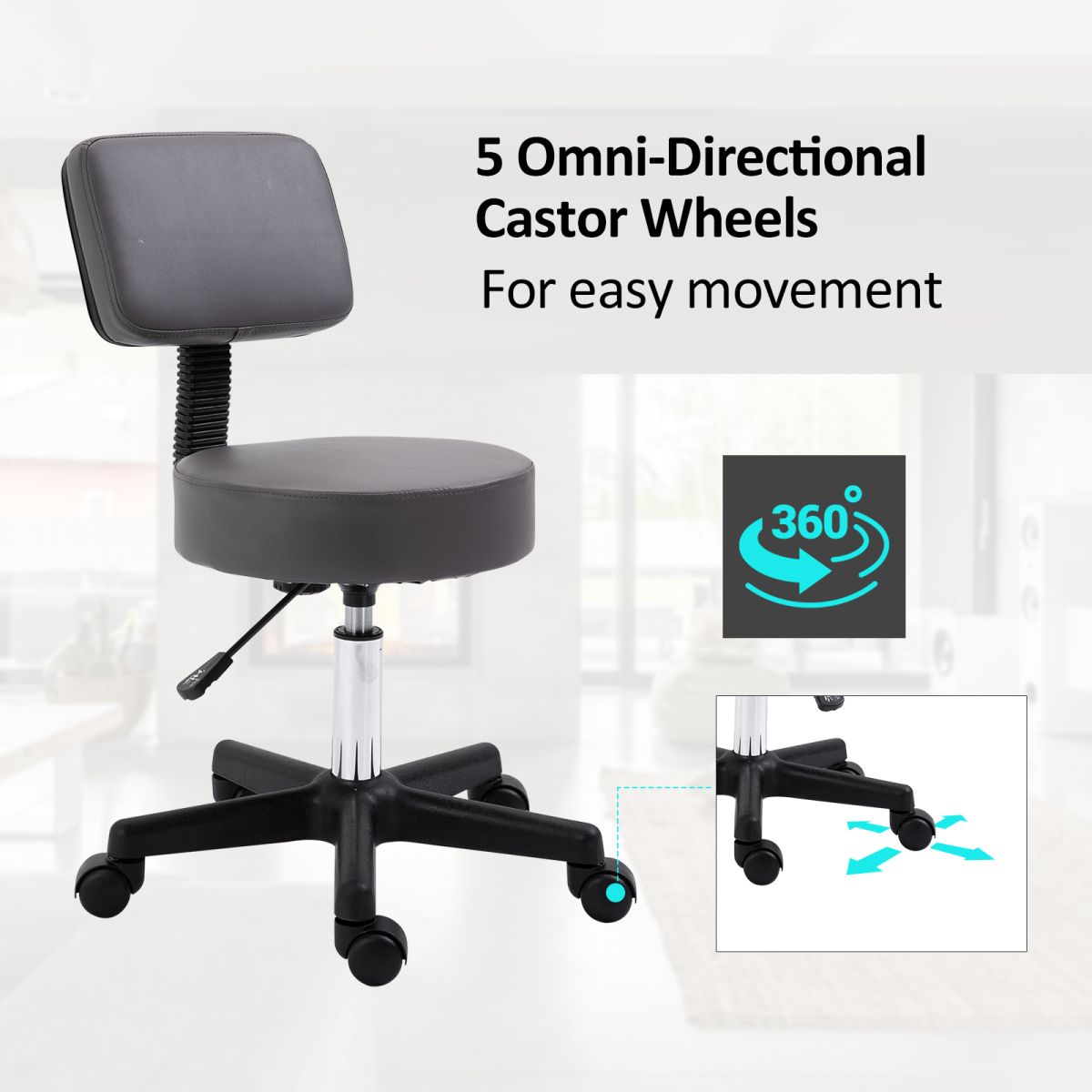 HOMCOM Adjustable Salon Stool with Backrest and Wheels