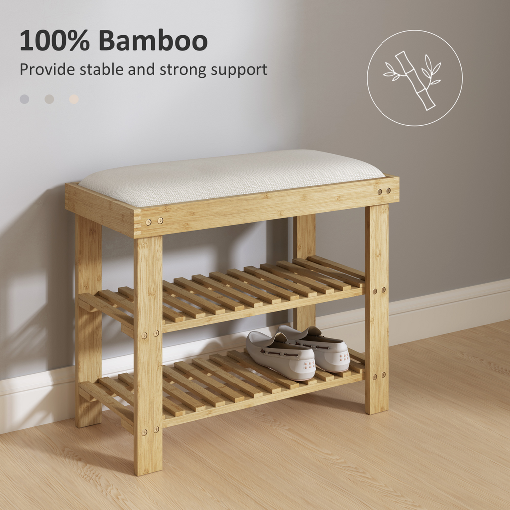 HOMCOM Bamboo Shoe Storage Bench with Cushioned Seat