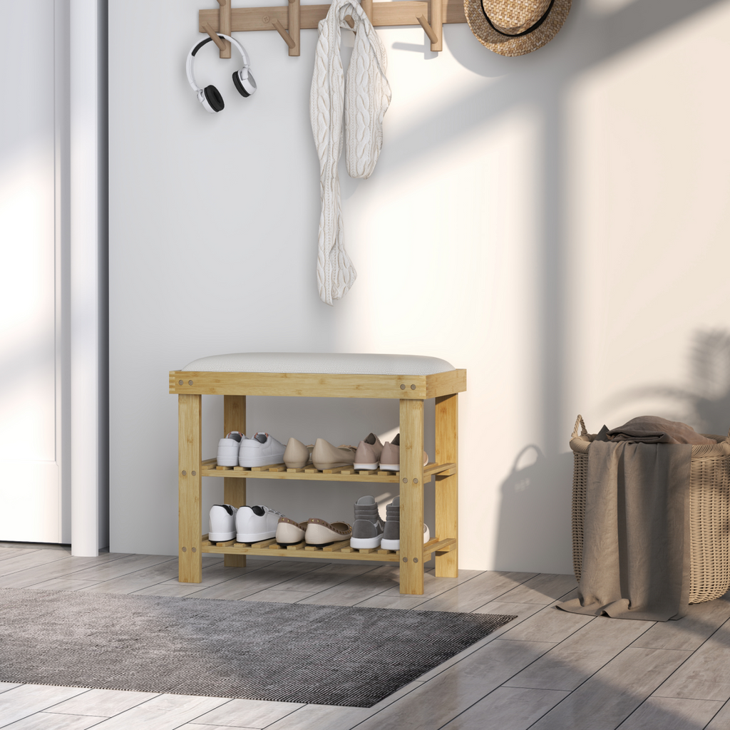 HOMCOM Bamboo Shoe Storage Bench with Cushioned Seat