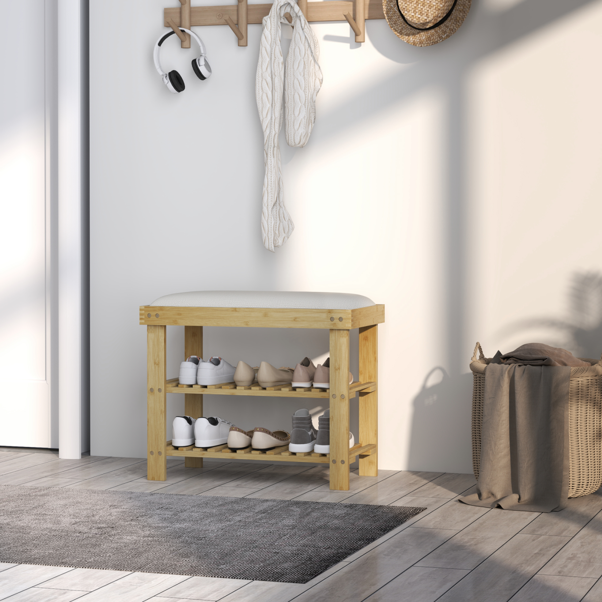 HOMCOM Bamboo Shoe Storage Bench with Cushioned Seat