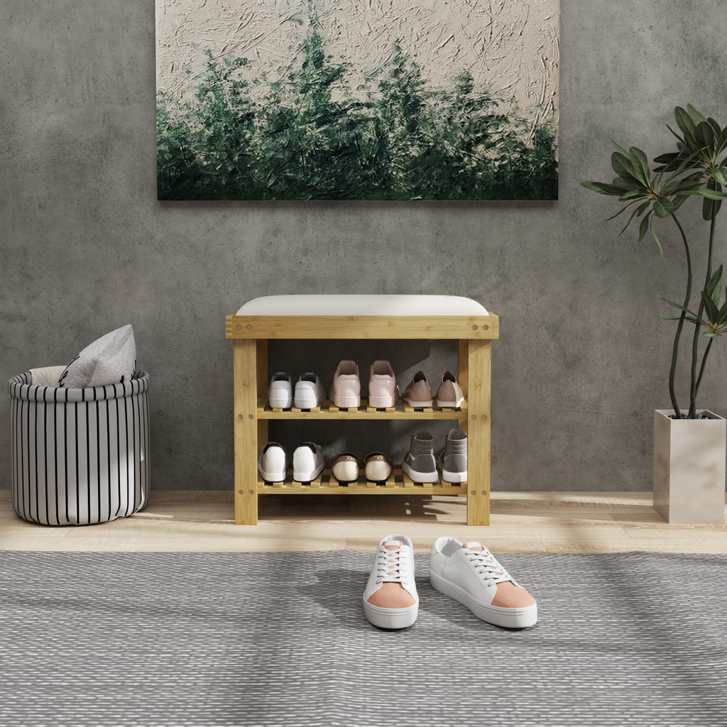 HOMCOM Bamboo Shoe Storage Bench with Cushioned Seat