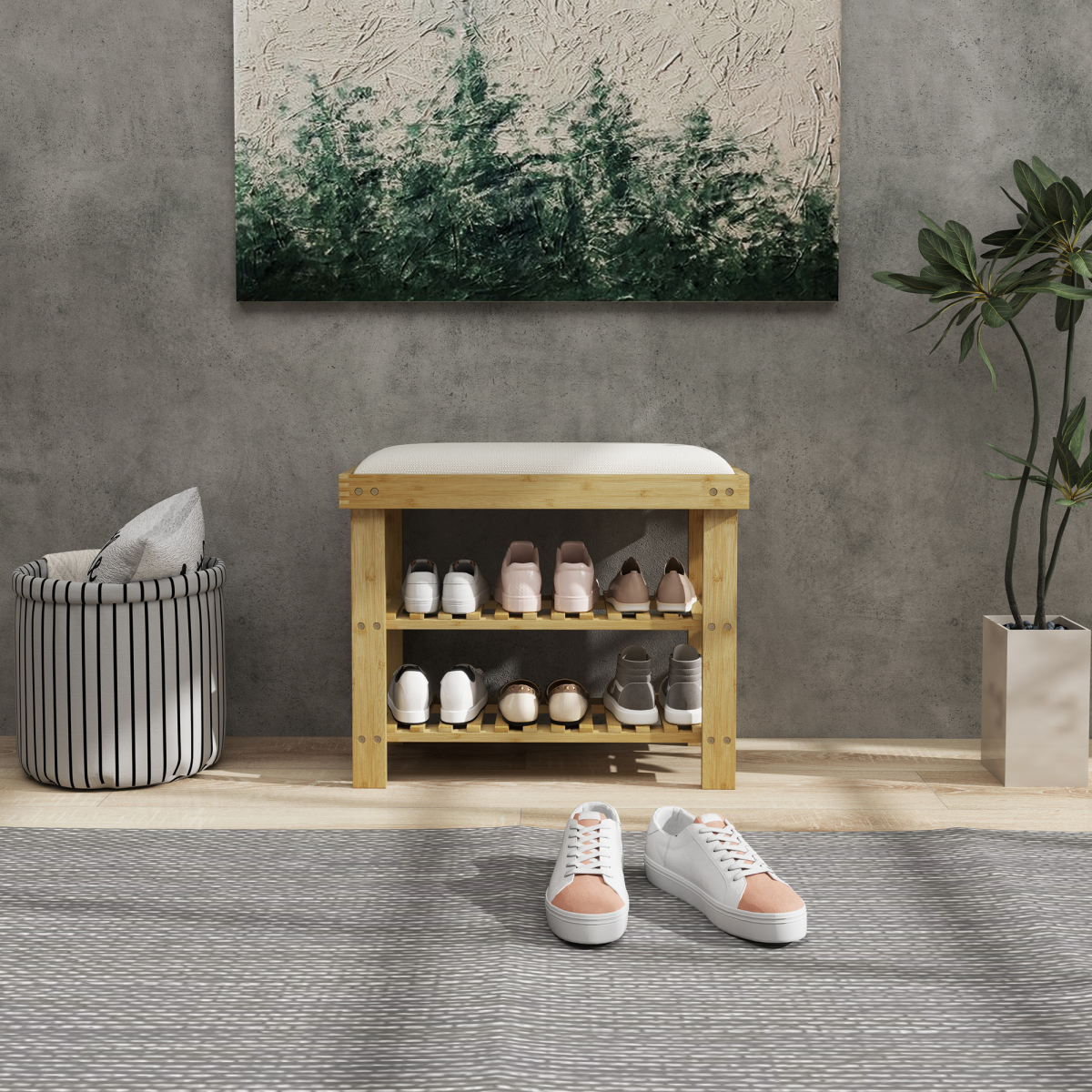 HOMCOM Bamboo Shoe Storage Bench with Cushioned Seat