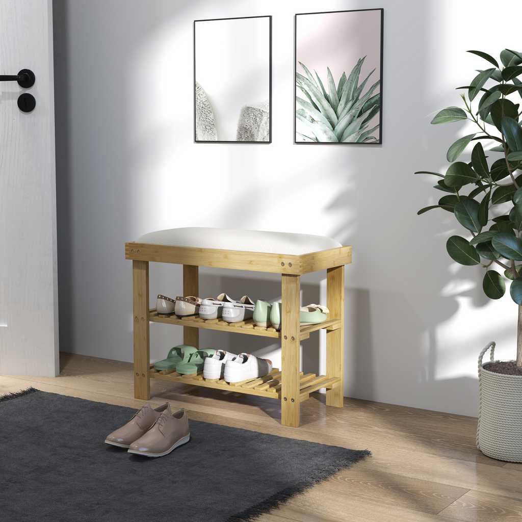 HOMCOM Bamboo Shoe Storage Bench with Cushioned Seat